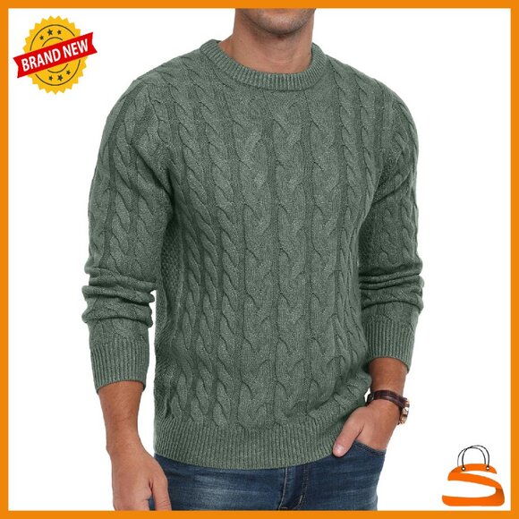 Men's Chunky Cable Knit Pullover Sweater Premium Material Crewneck